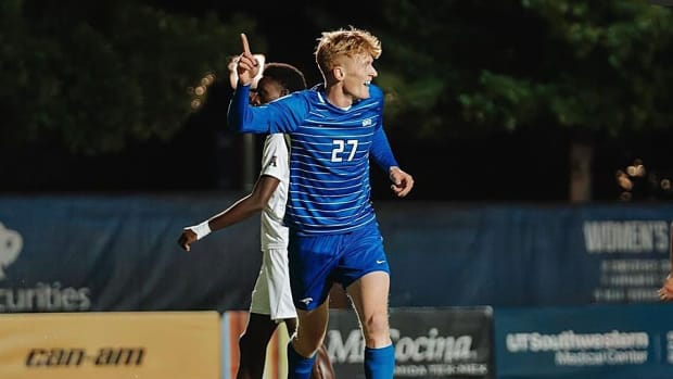 SMU forward Jelldrik Dallman celebrates a goal during a home game.